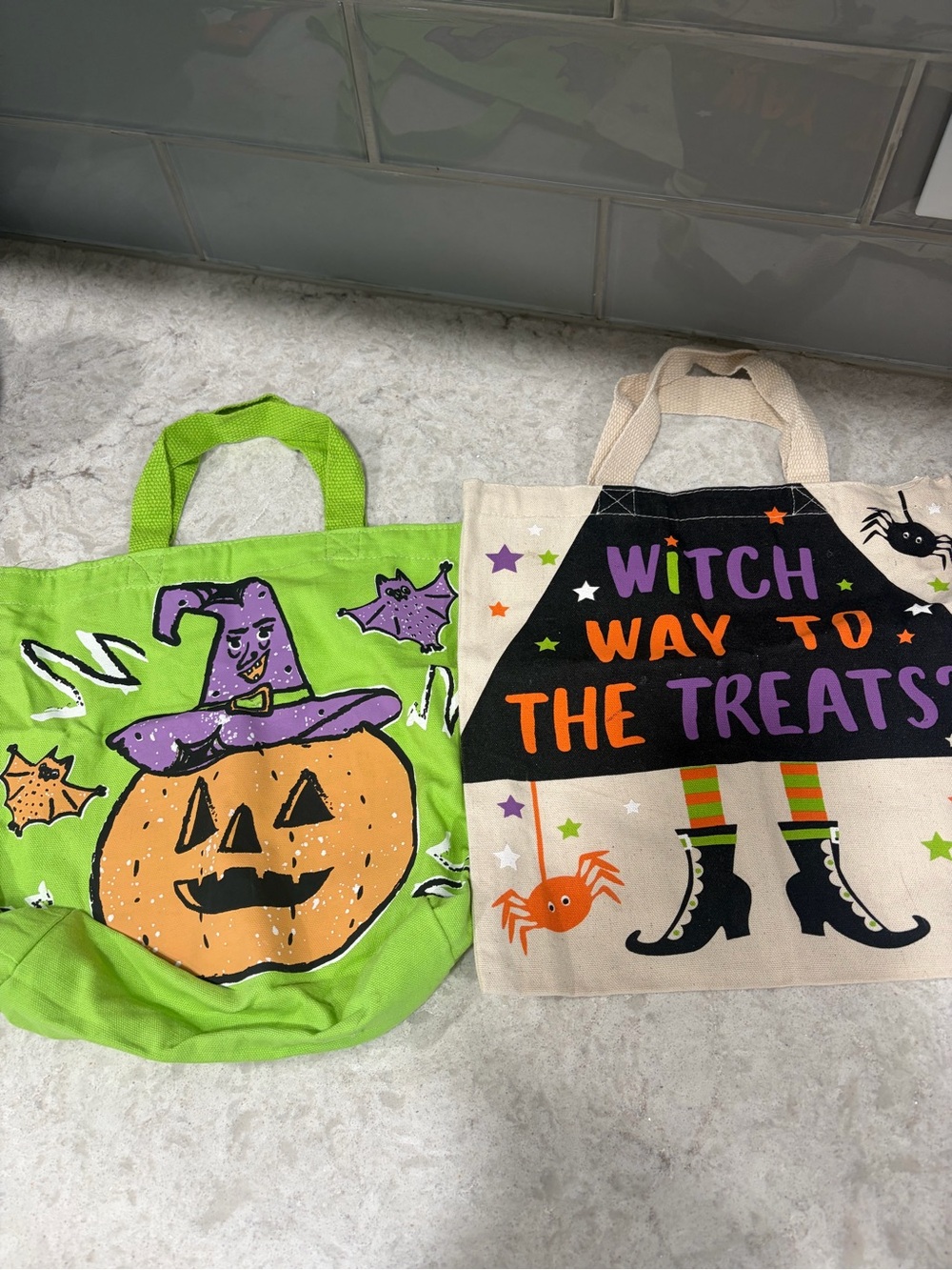 Set of 2 Halloween Trick or Treat Tote Bags Witch Pumpkin